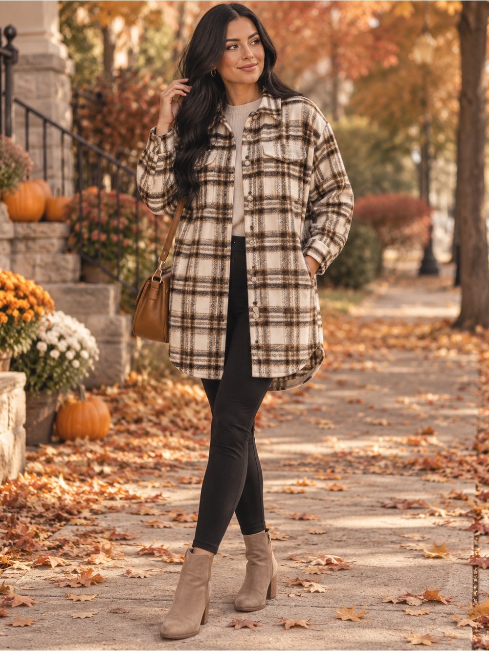 Saltwater Luxe Plaid Longline Shacket Jacket Cream Brown NWT Size Small